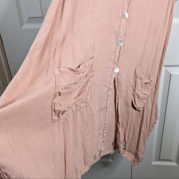 Match Point USA Linen Tunic Top Large Peach Asymmetrical Button Lagenlook - Picture 6 of 11